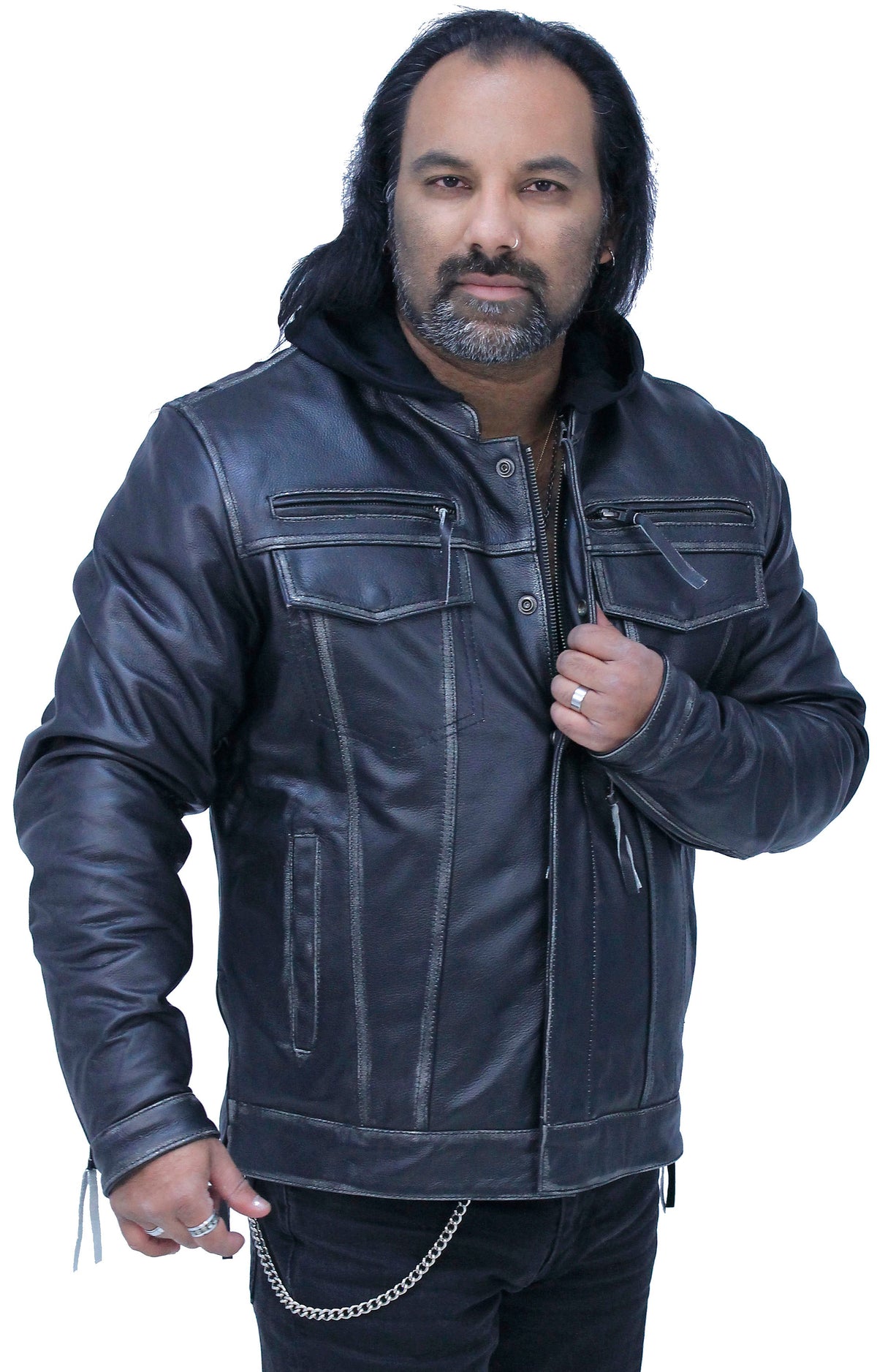 Men's Vented Concealed Pockets Vintage Black Jacket w/Hood #MA6905VHZK