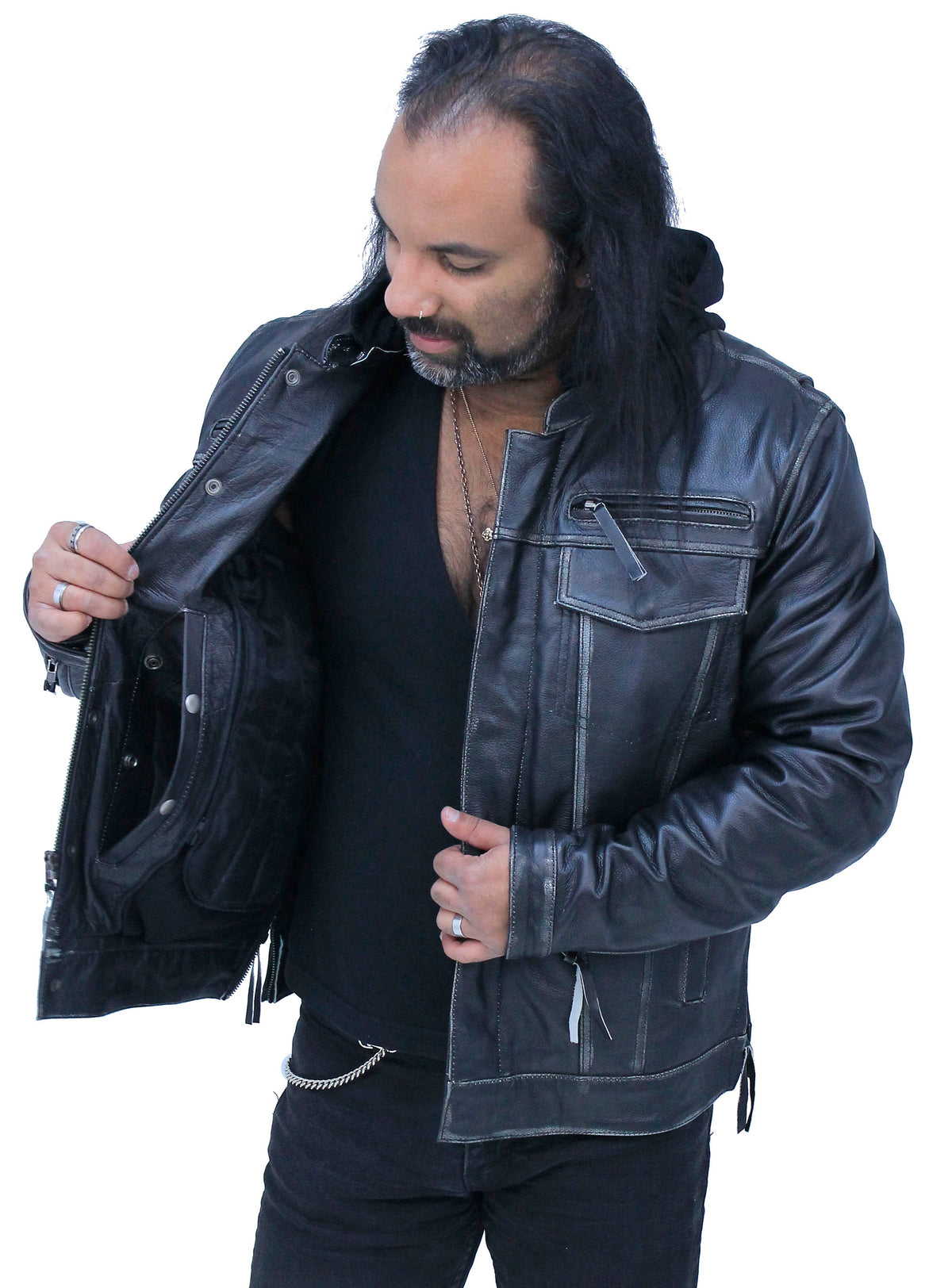 Men's Vented Concealed Pockets Vintage Black Jacket w/Hood #MA6905VHZK