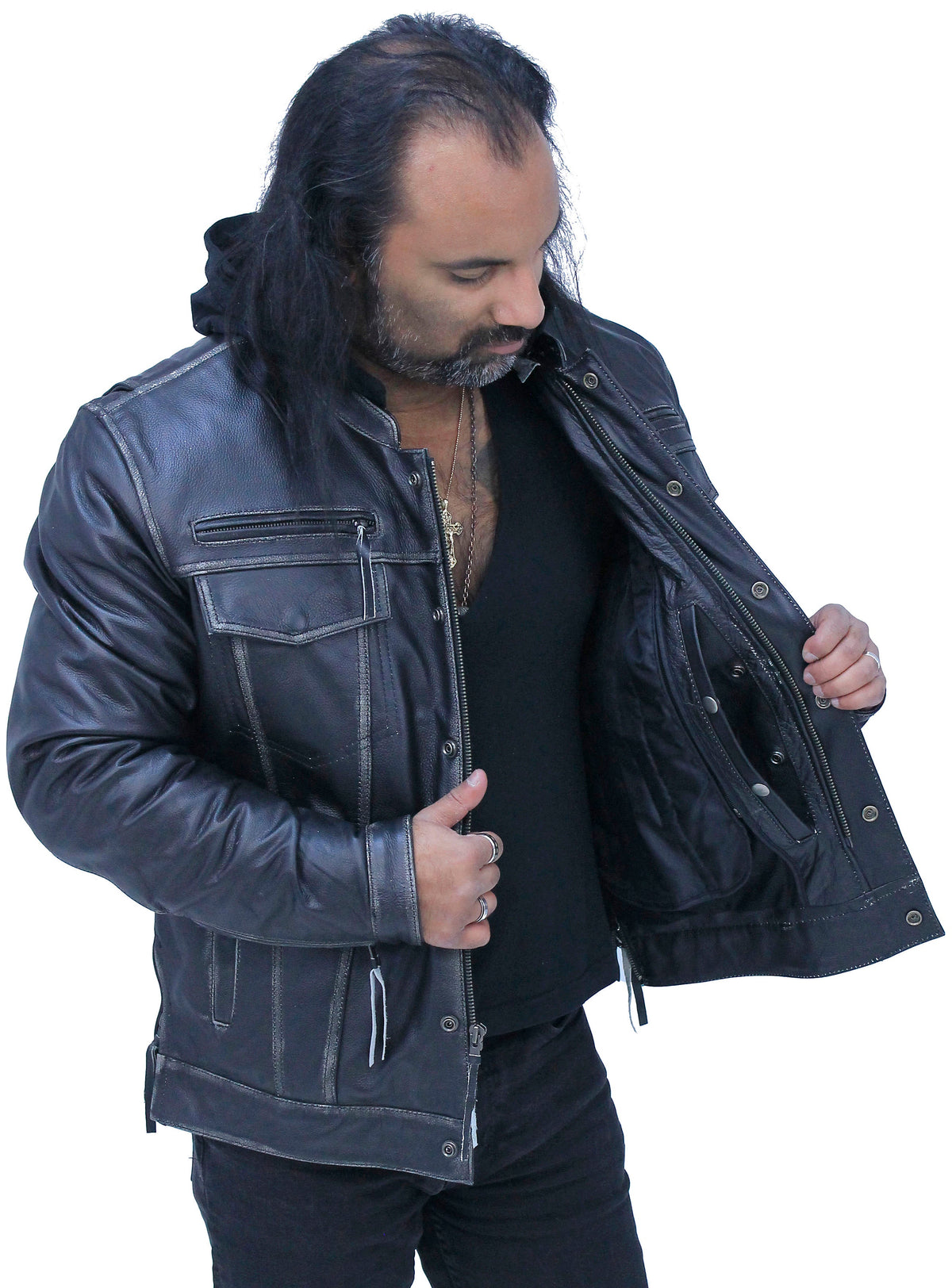 Men's Vented Concealed Pockets Vintage Black Jacket w/Hood #MA6905VHZK