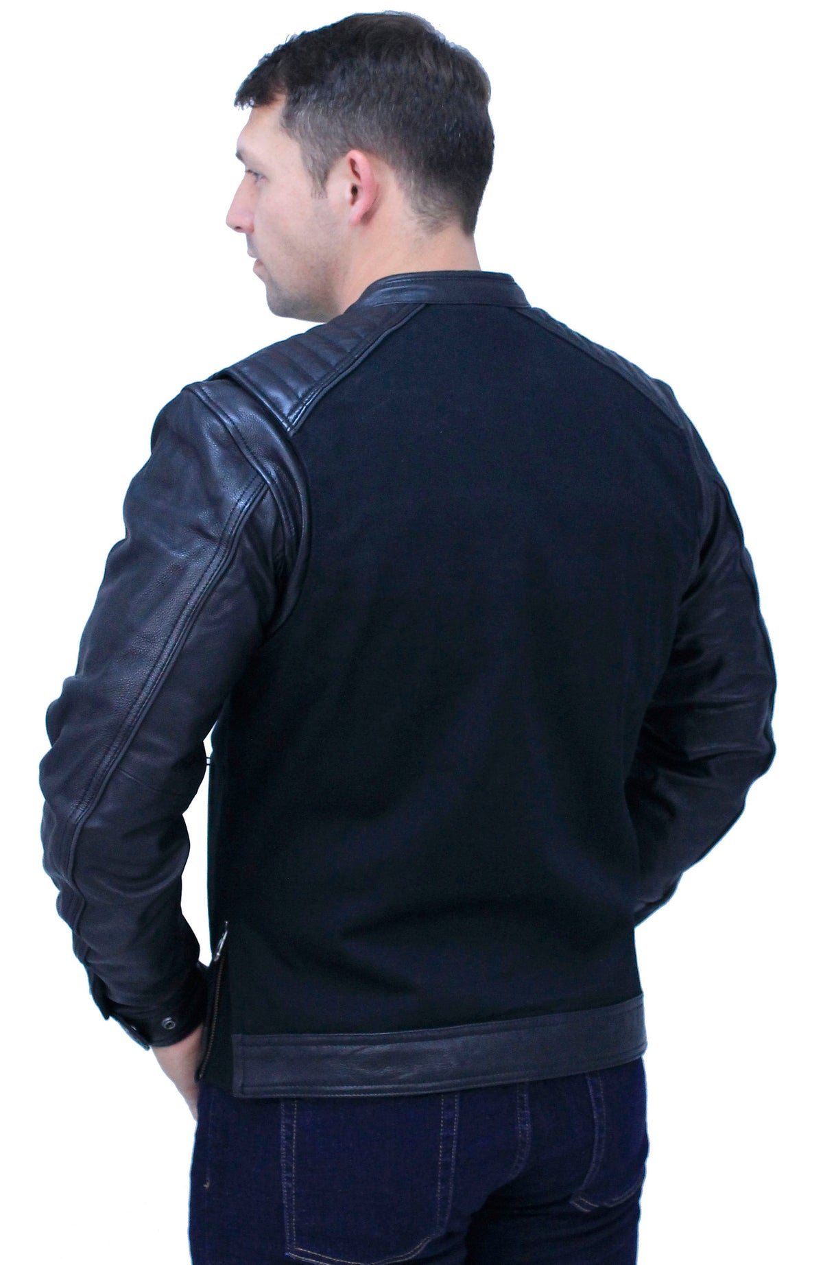 Men's Twill & Leather Café Racer Motorcycle Jacket #MC2600GK