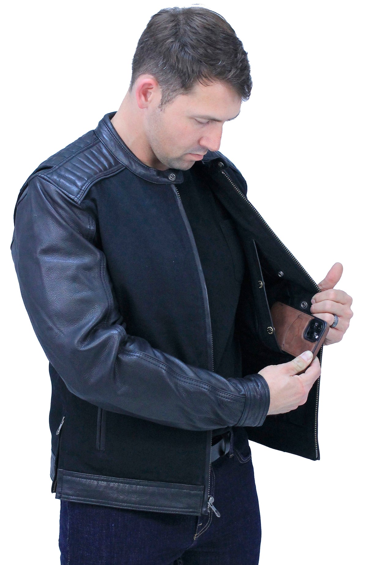 Men's Twill & Leather Café Racer Motorcycle Jacket #MC2600GK
