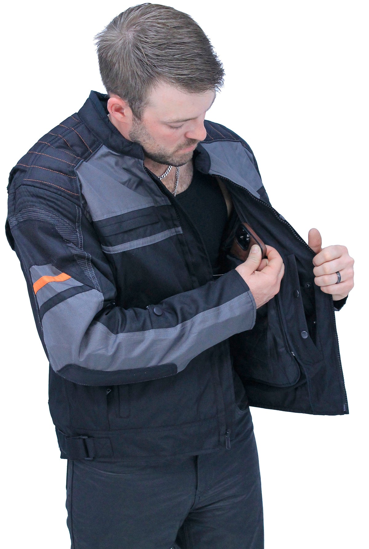 Men's Vented Gray Orange Textile Jacket with Armor #MC360316AZV