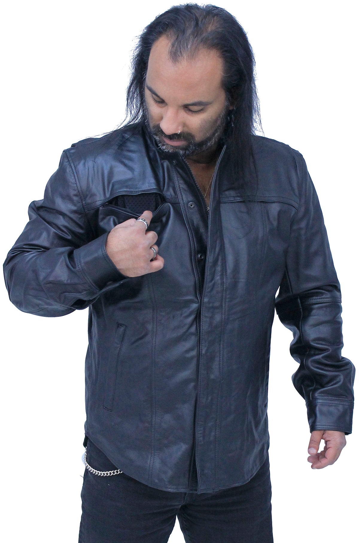 Men's Vented Black Leather Shirt w/Easy Access Pocket #MS22070VGK