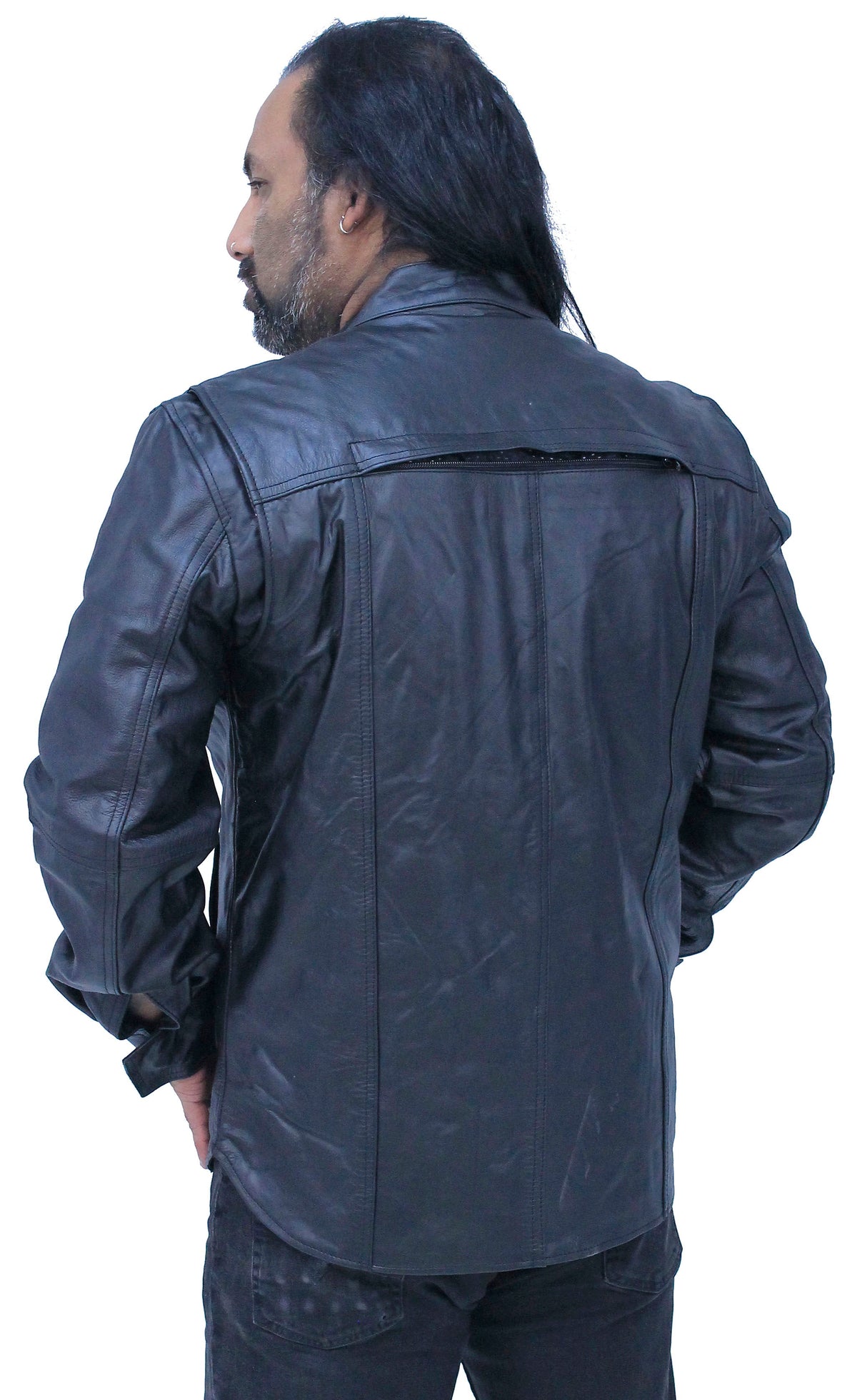 Men's Vented Black Leather Shirt w/Easy Access Pocket #MS22070VGK