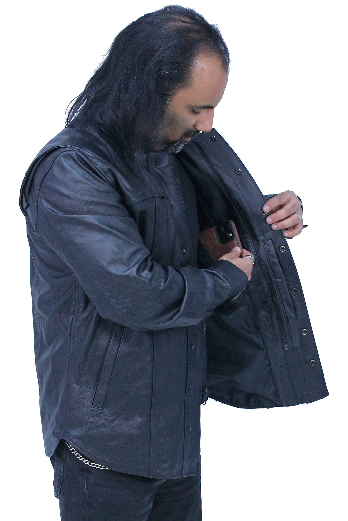 Men's Vented Black Leather Shirt w/Easy Access Pocket #MS22070VGK
