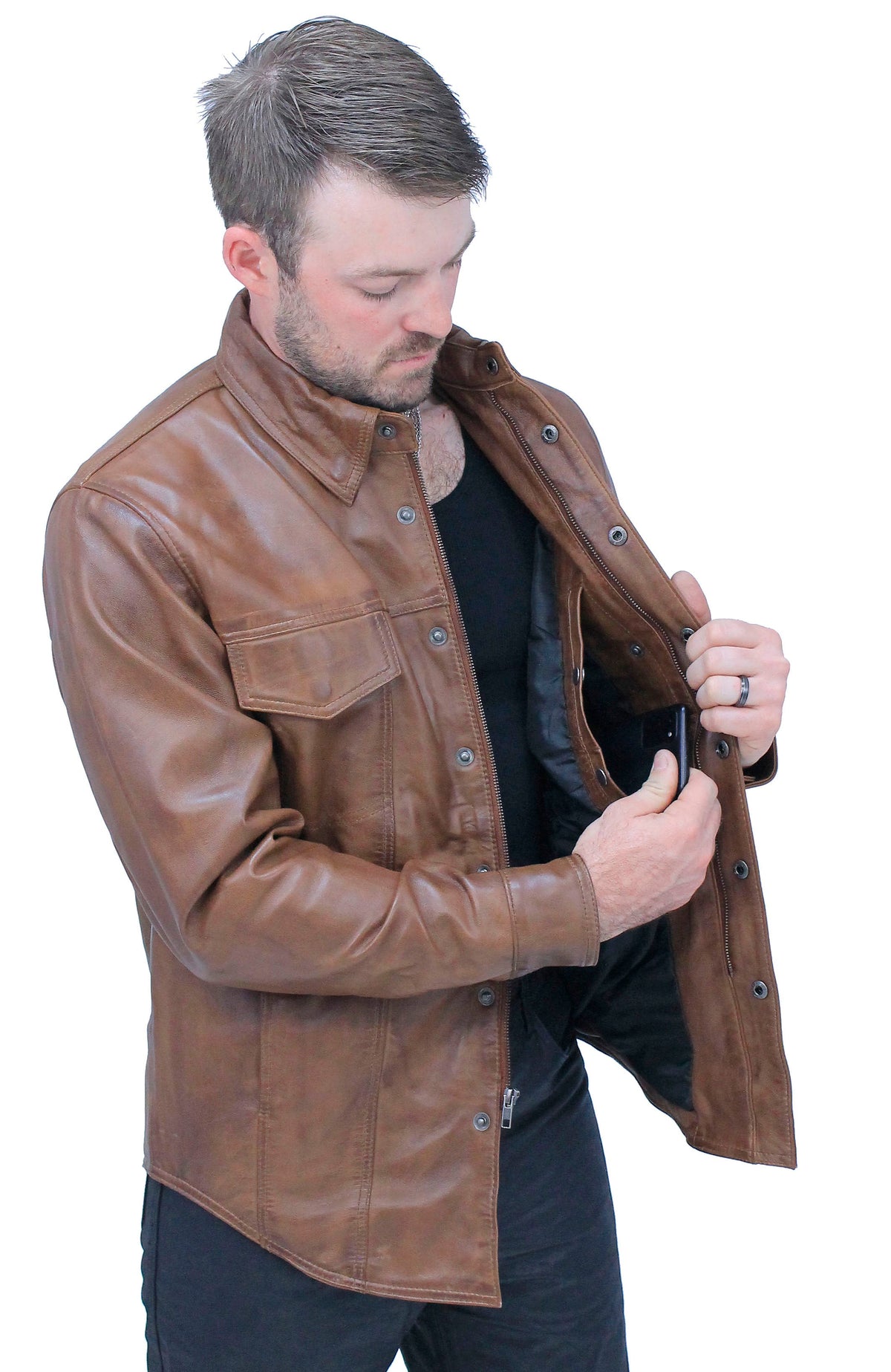 Men's Antiqued Brown Leather Shirt #MS24805GN