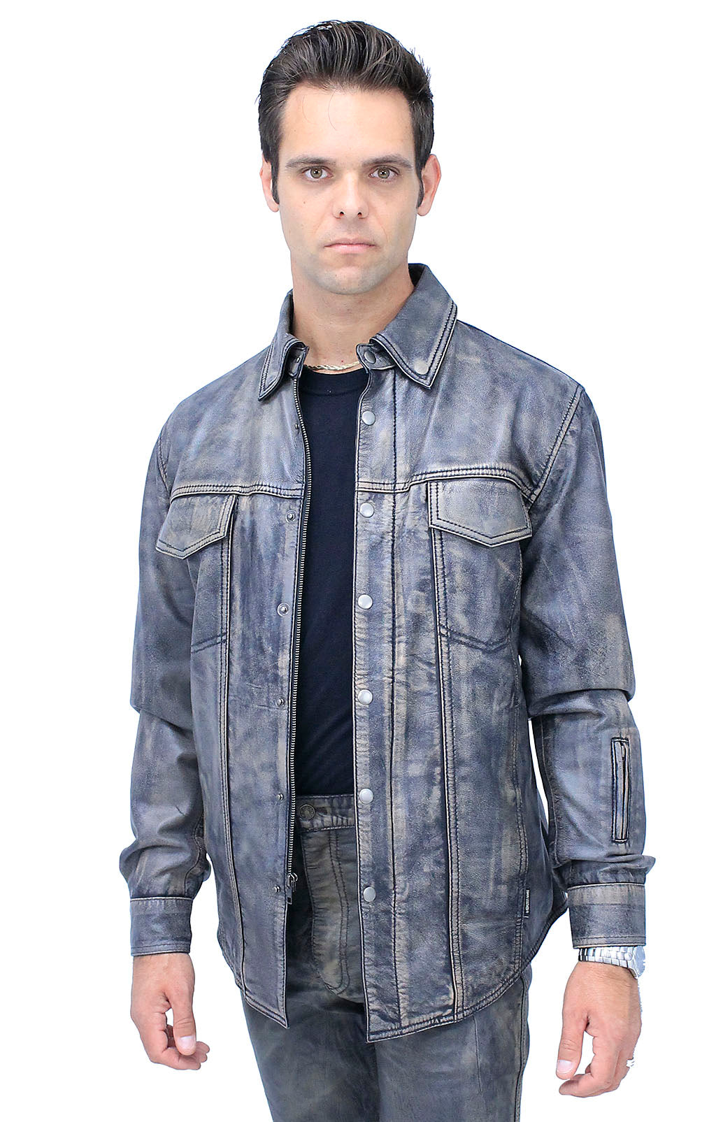Men's Leather Shirt in Taupe/Black Vintage Lambskin #MS24807GK