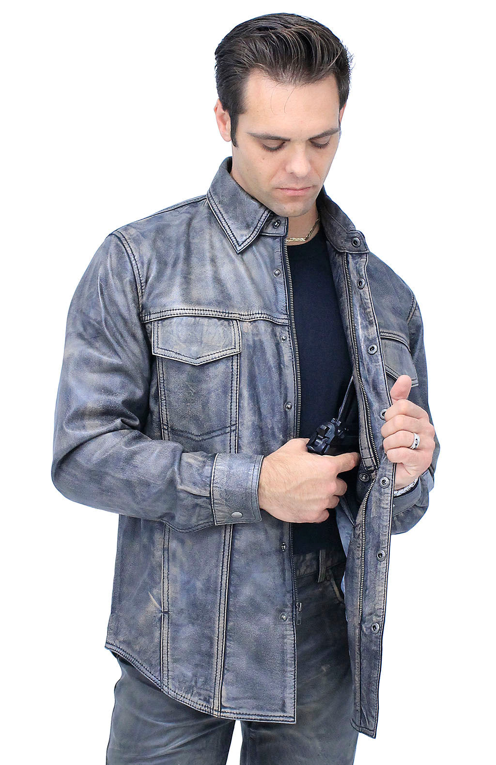 Men's Leather Shirt in Taupe/Black Vintage Lambskin #MS24807GK