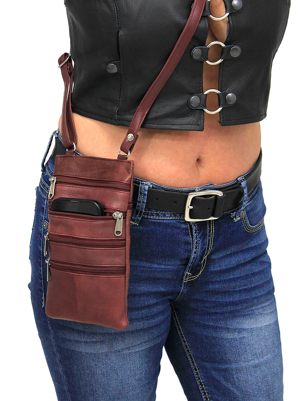Tall Burgundy Leather 5 Zipper Cell Phone and Crossbody Purse #P10281BG