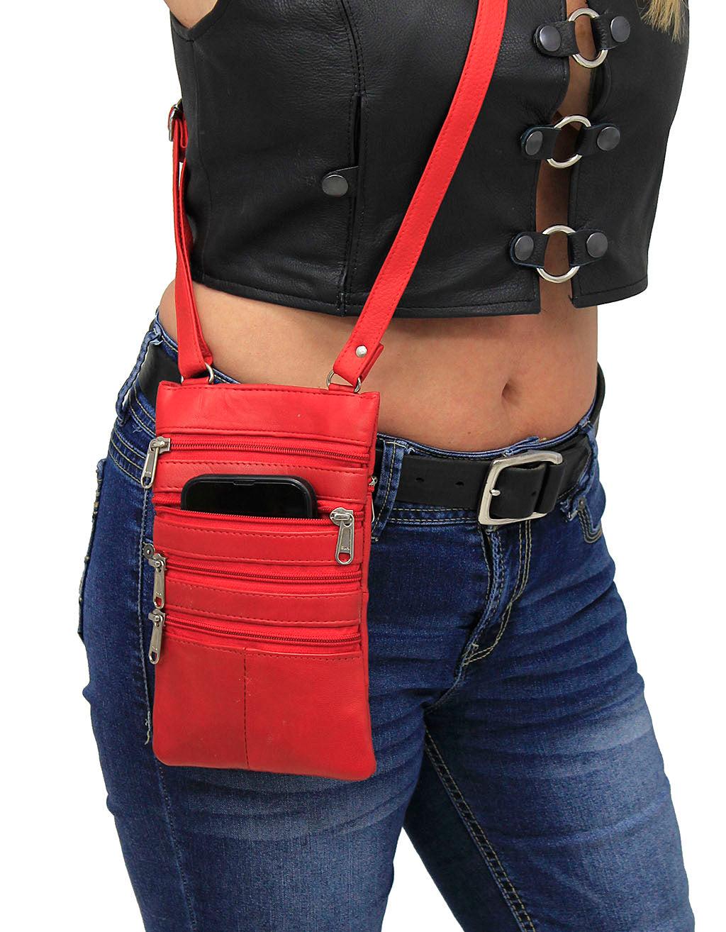 Tall Red Leather 5 Zipper Cell Phone and Crossbody Purse  #P10286R