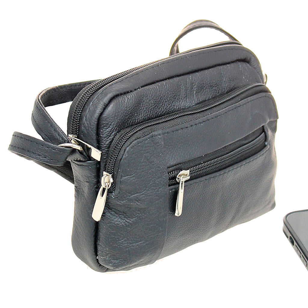 Black Leather Cross Body Cell Phone Utility Pouch #P30050K