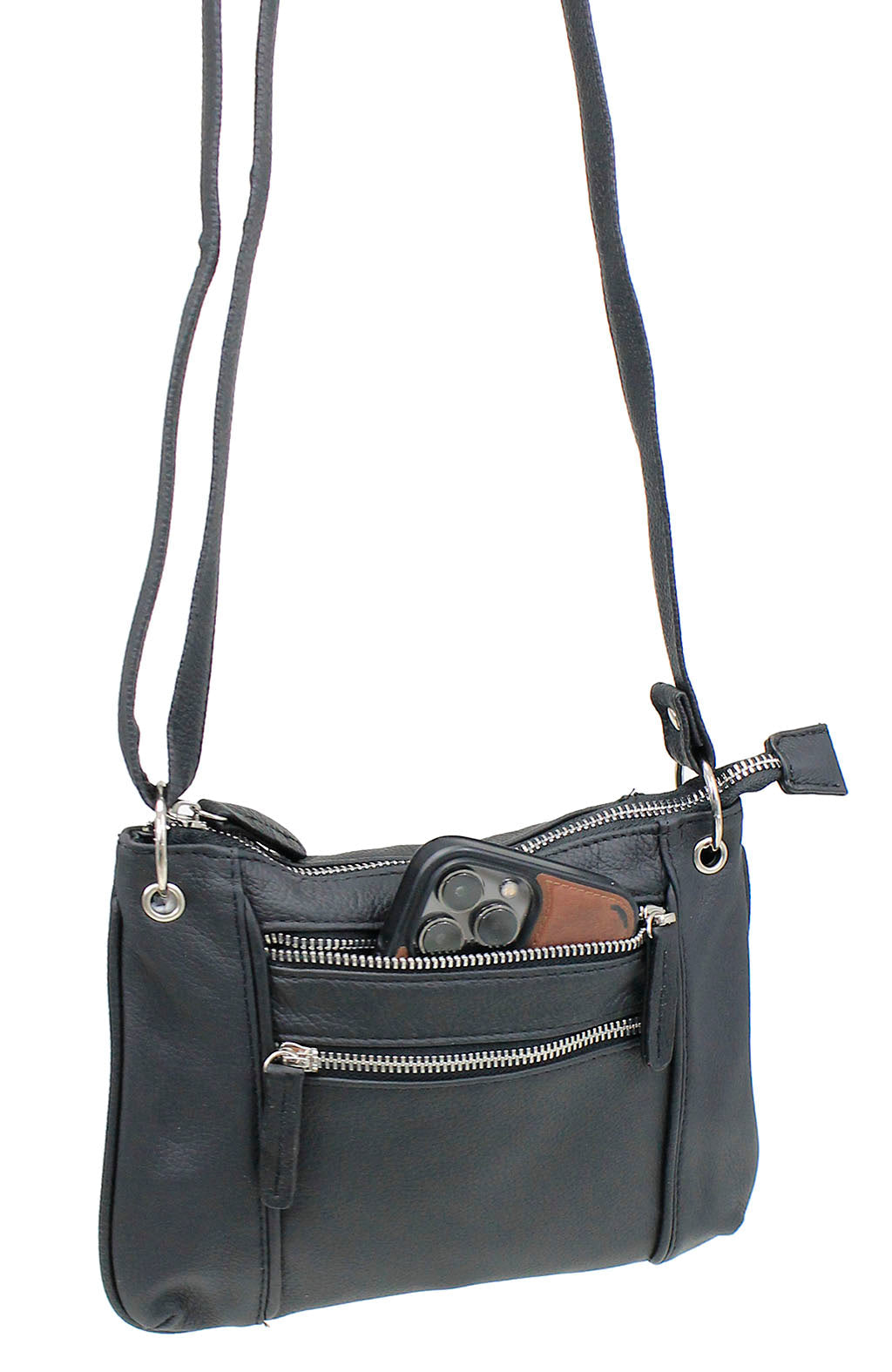 Black Leather Cross Body Purse with Rings #P5030K