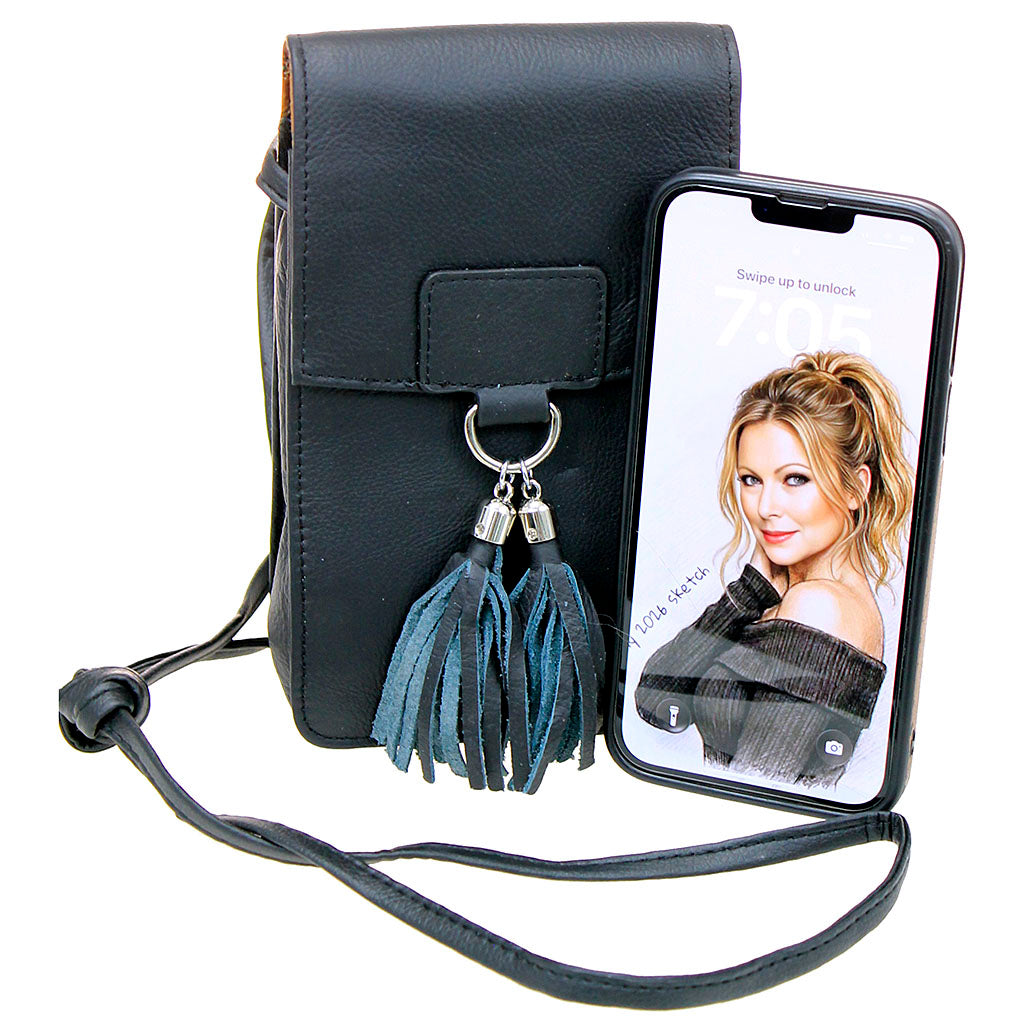 Black Leather Cross Body Phone Case with Tassel #P5060FK