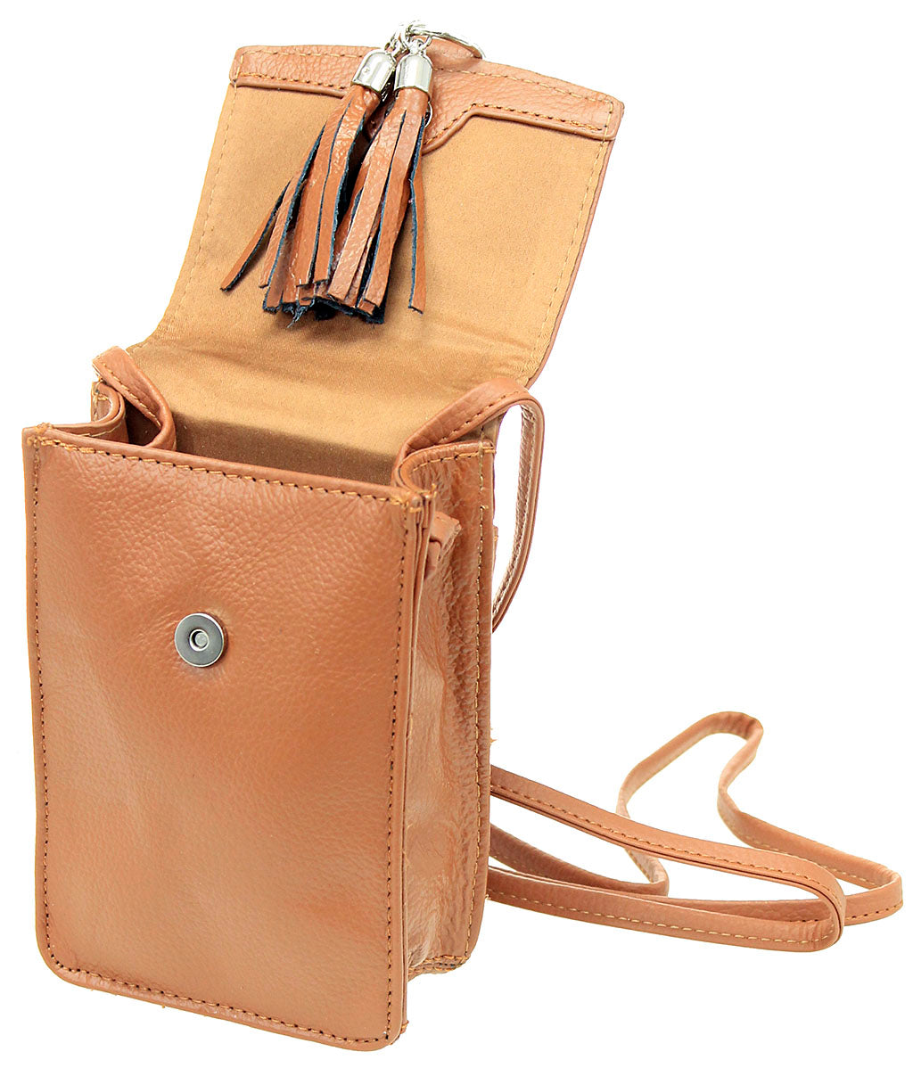 Light Brown Leather Cross Body Phone Case with Tassel #P5061FN