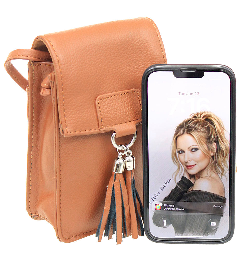 Light Brown Leather Cross Body Phone Case with Tassel #P5061FN