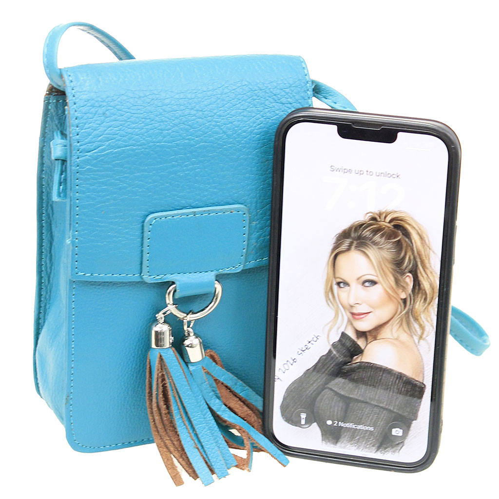 Turquoise Leather Cross Body Phone Case with Tassel #P5069FTQ