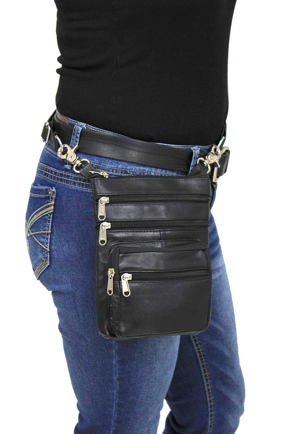 Tall Soft Black Leather Double Clip Hip Bag #PKK810K