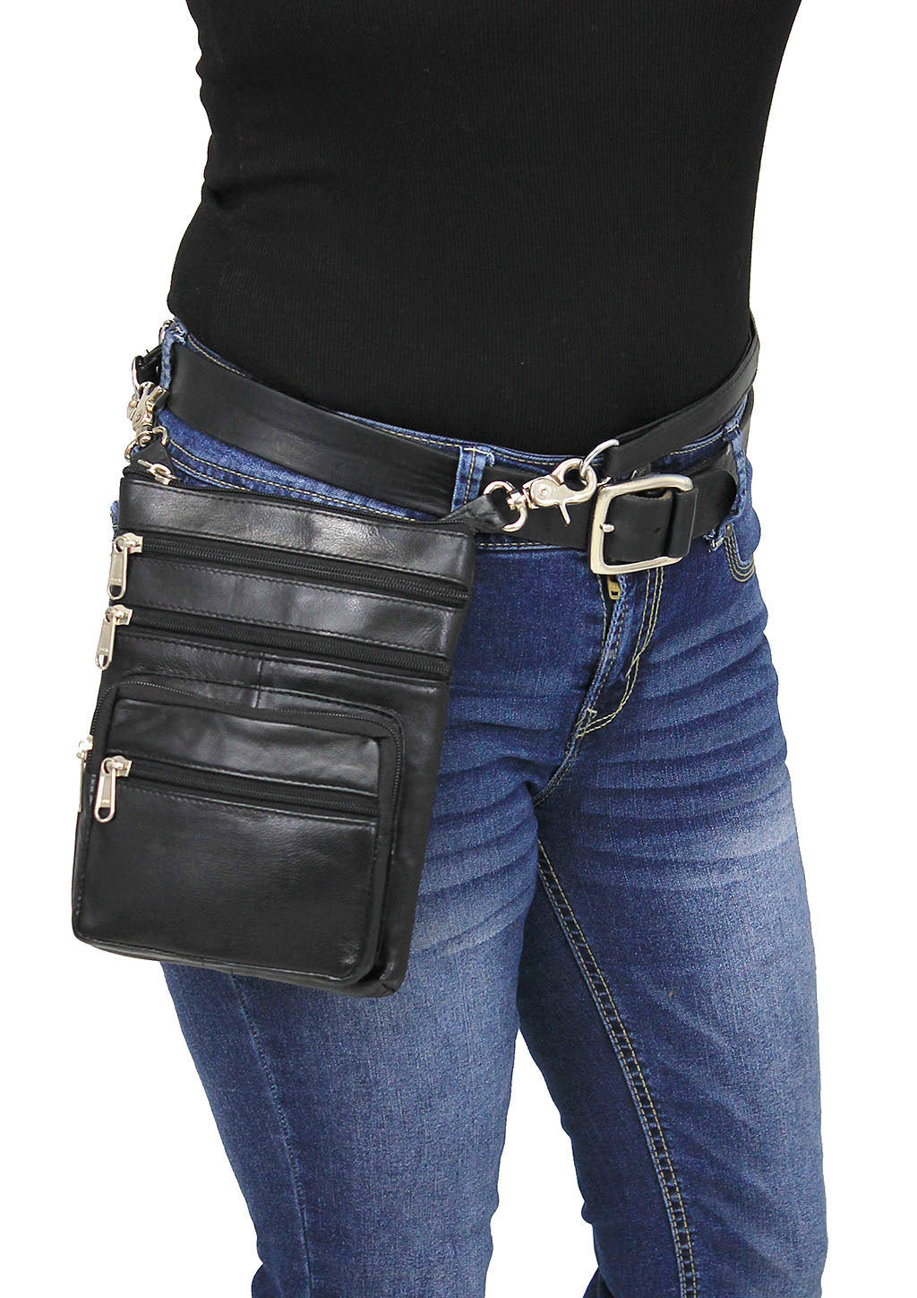Tall Soft Black Leather Double Clip Hip Bag #PKK810K