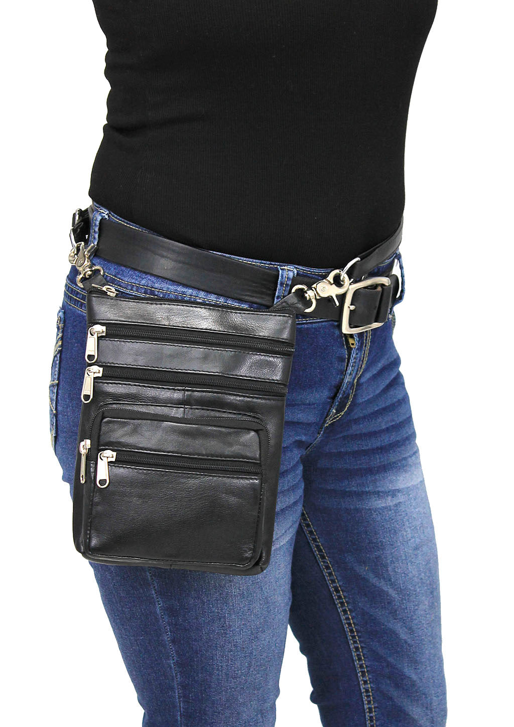Tall Soft Black Leather Double Clip Hip Bag #PKK810K