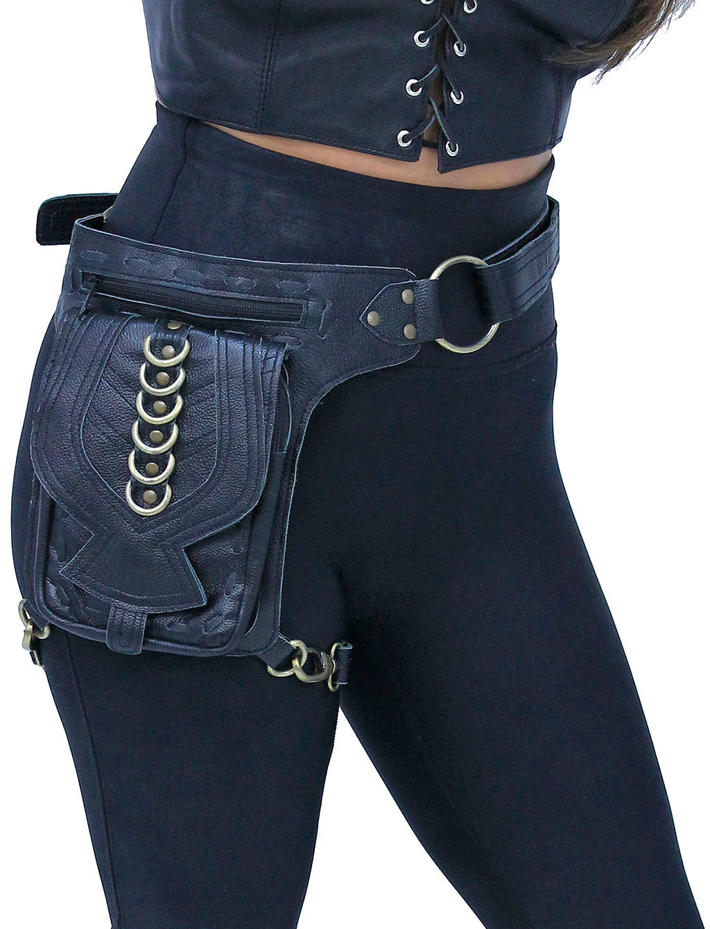 Black Heavy Leather Multi-D-Ring Thigh Bag Waistbag #TB70150DK