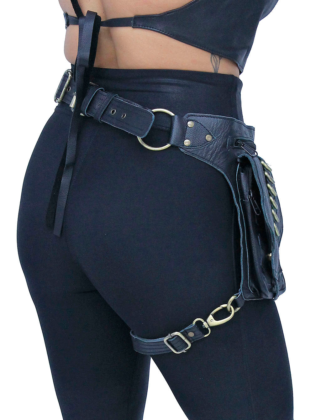Black Heavy Leather Multi-D-Ring Thigh Bag Waistbag #TB70150DK