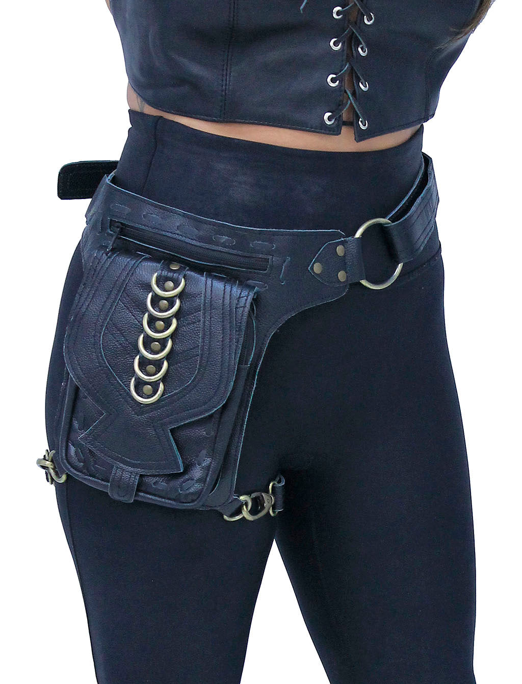 Black Heavy Leather Multi-D-Ring Thigh Bag Waistbag #TB70150DK