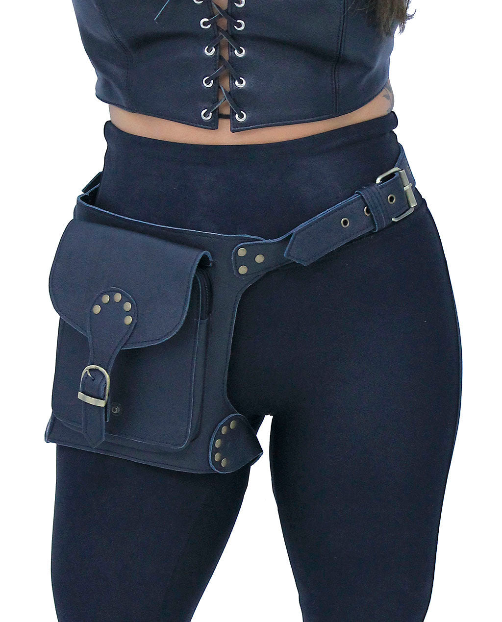 Heavy Leather Thigh Bag with Wide Buckle Straps #TB702031K