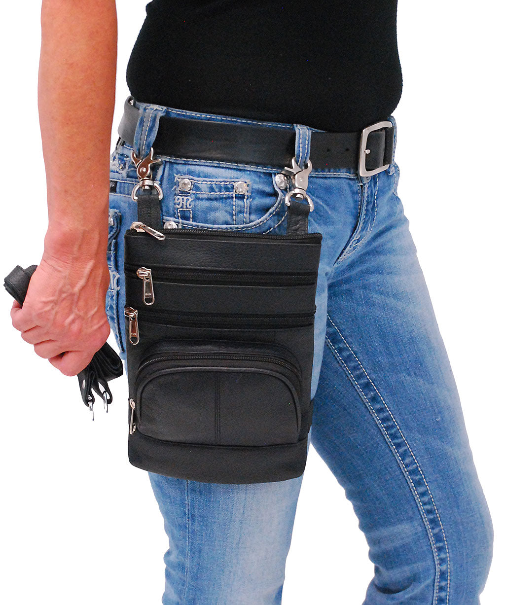 Black Leather Side Purse, Thigh Bag & Hip Clip Pouch #TB830K