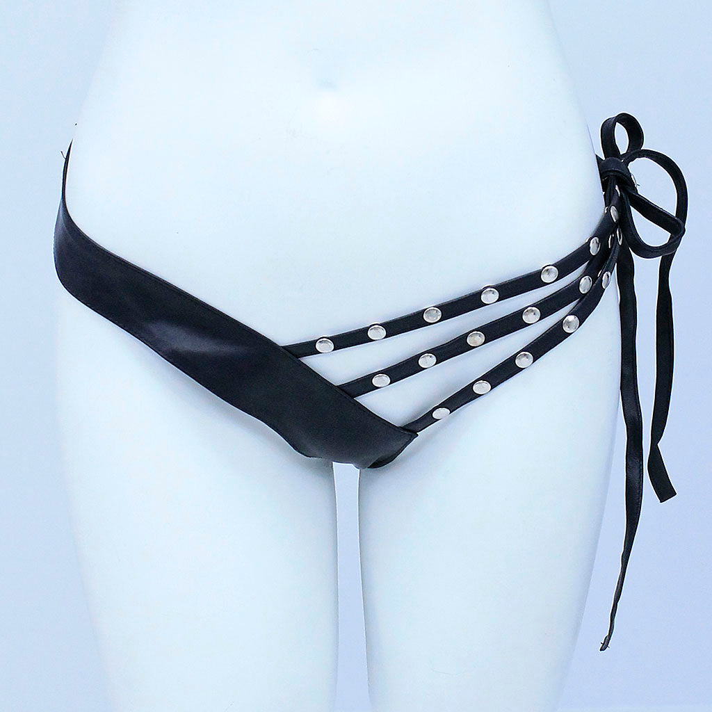 Triple Strap Studded Leather Thong #UGT1142K
