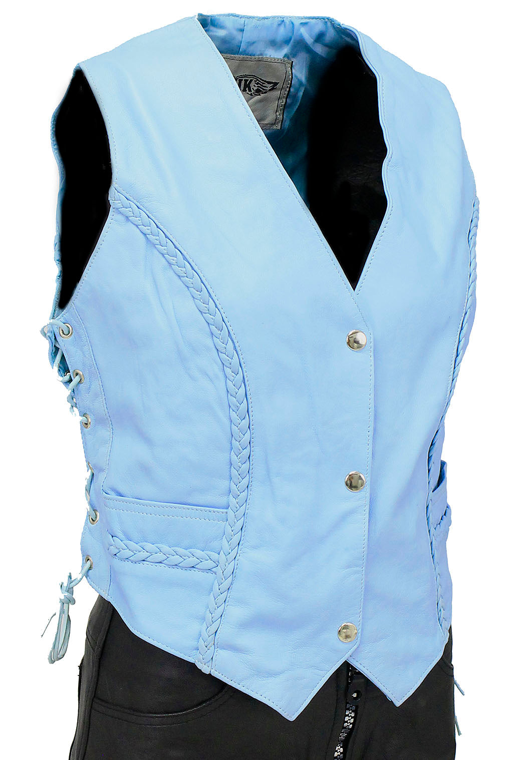 Blue Braid Trim Side Lace Leather Vest #VL2215BU (M-L)