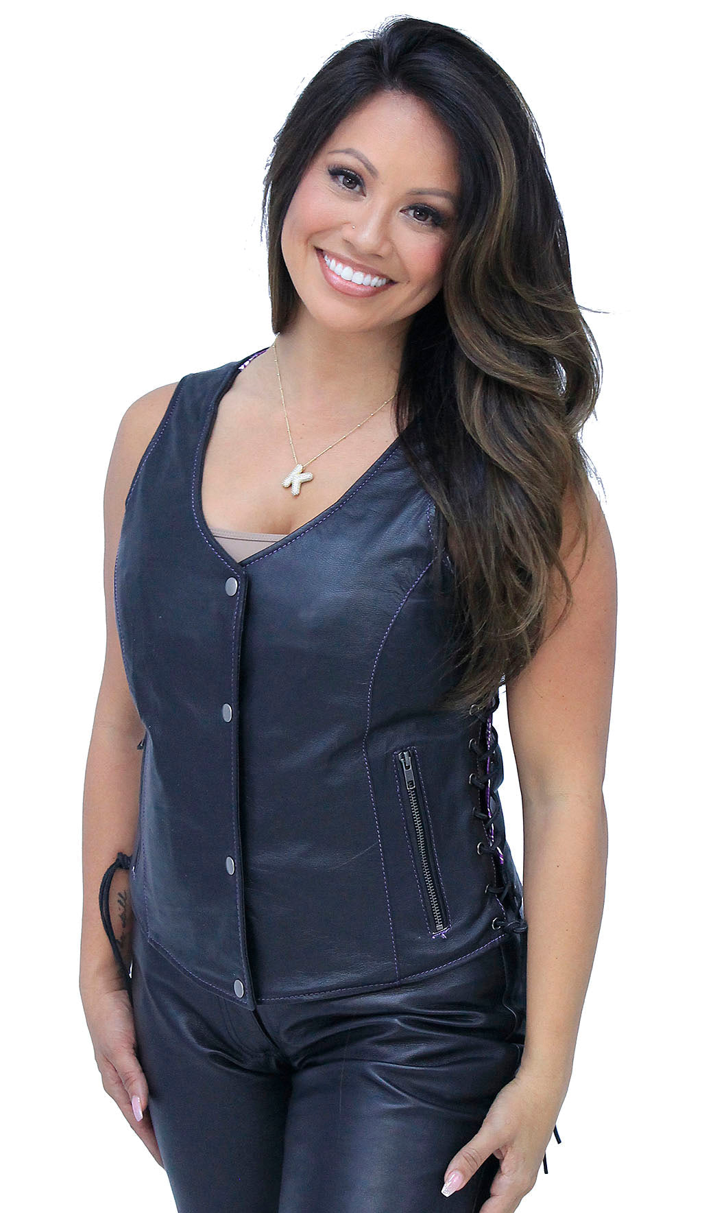 Purple Stitch Women's Double Concealed Pocket Side Lace Vest #VL6890GLP ()