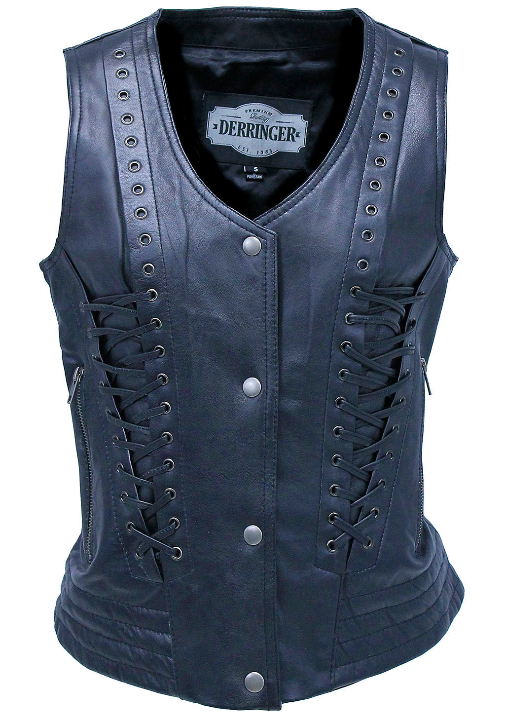 Women's Eyelet Trim Laced Up Black Leather Vest #VL6985ELK (S,3X)