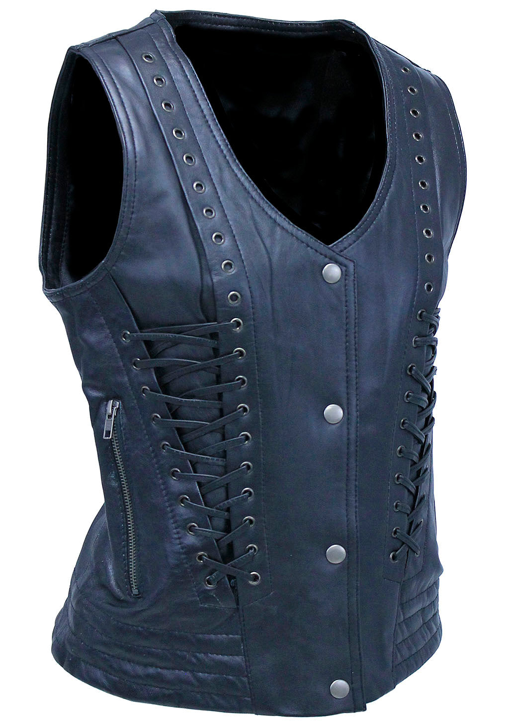 Women's Eyelet Trim Laced Up Black Leather Vest #VL6985ELK (S,3X)
