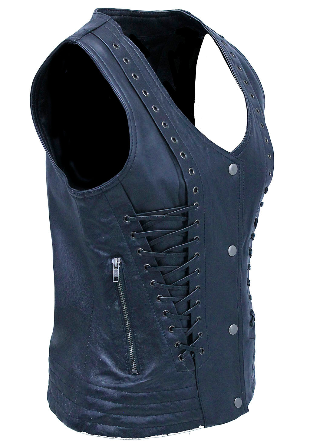 Women's Eyelet Trim Laced Up Black Leather Vest #VL6985ELK (S,3X)