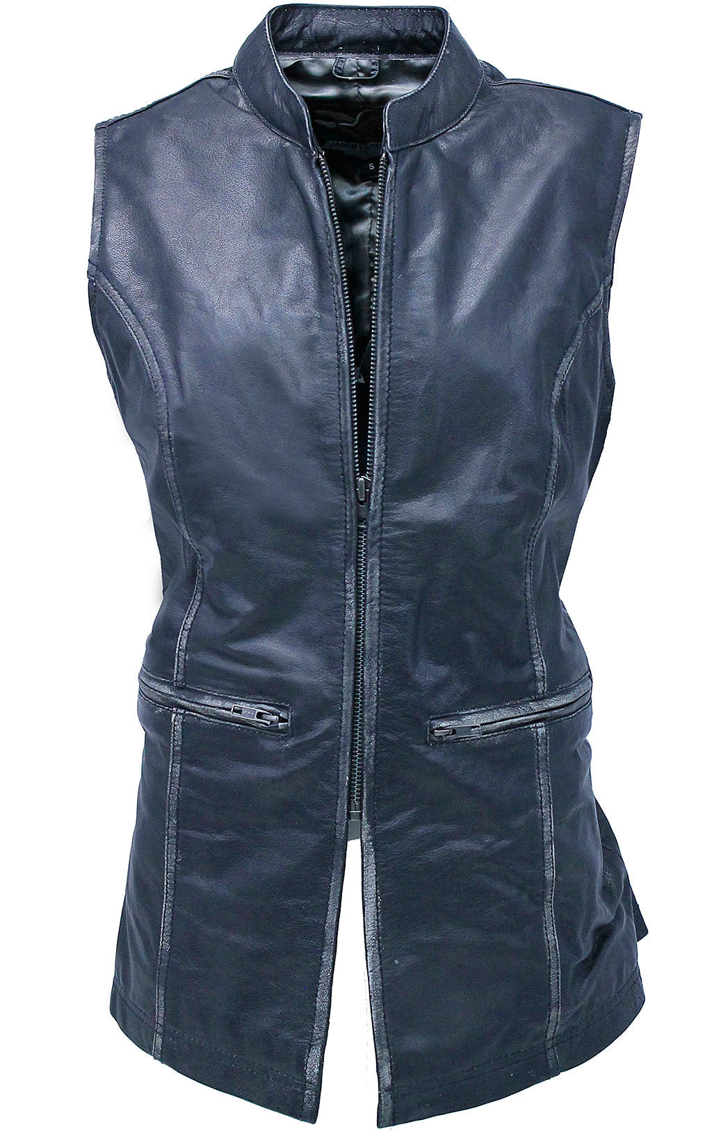 Extra Long Vintage Black Genuine Leather Zip Vest #VLA20091ZK (S-5X)