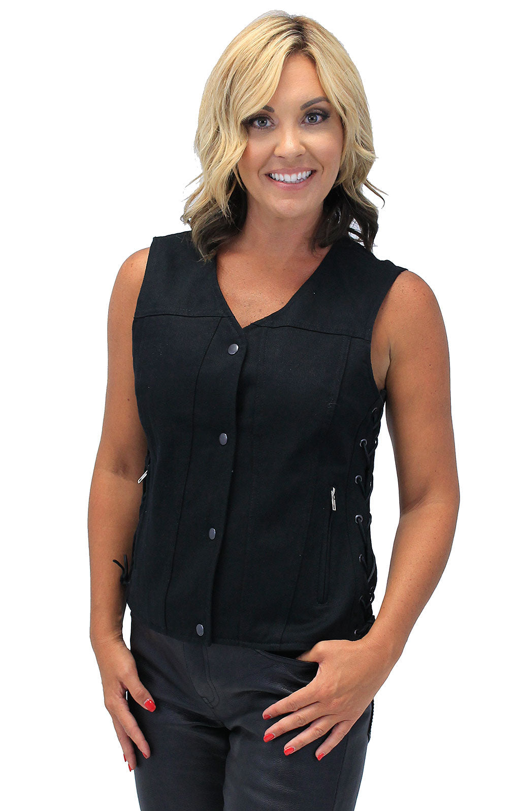Heavy Denim Women's Side Lace Concealed Pocket Biker Vest #VLC519GLK
