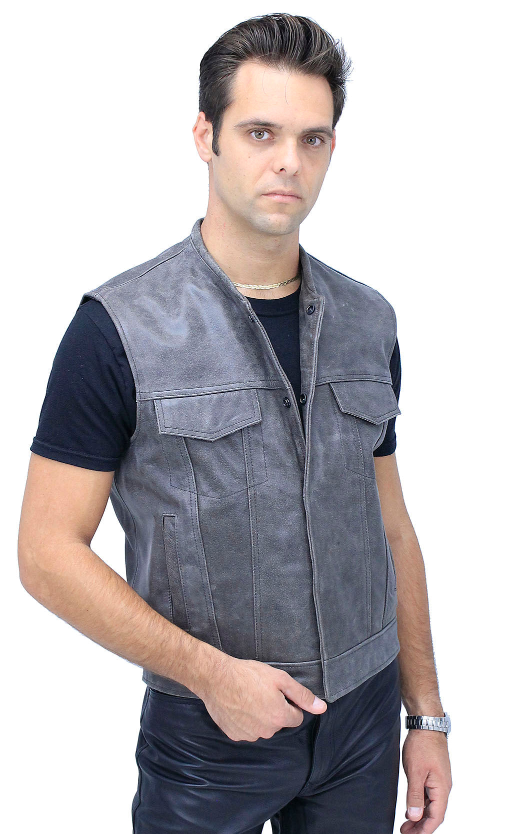 Distressed Leather Club Vest w/Concealed Pockets #VM1016N (M-4X)