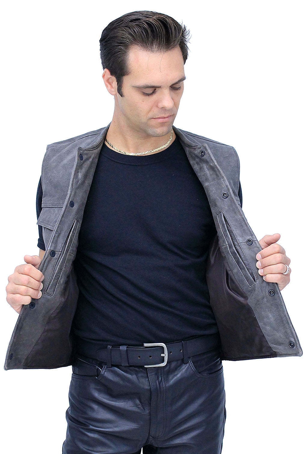 Distressed Leather Club Vest w/Concealed Pockets #VM1016N (M-4X)