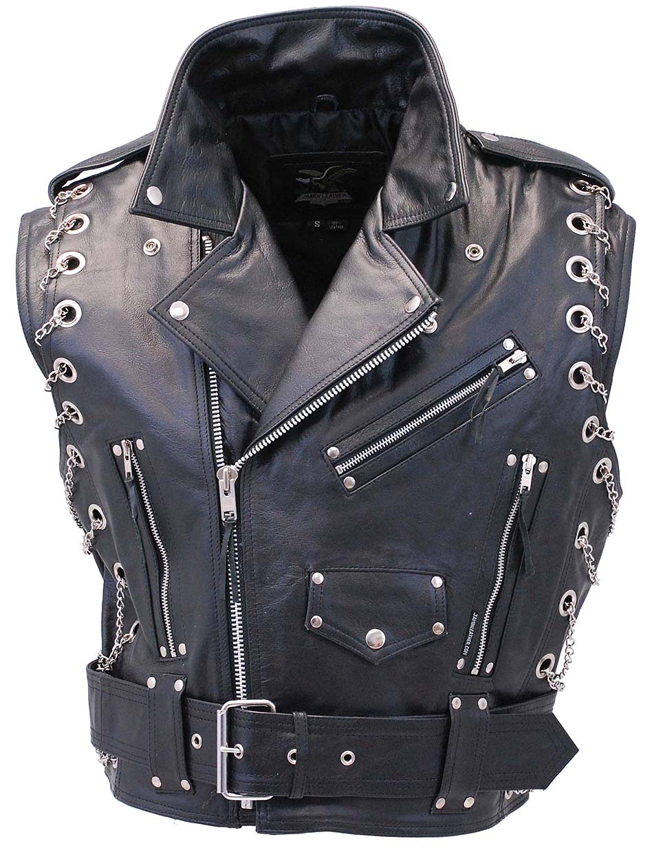Chromed Out Leather Motorcycle Chain Vest #VM2001MCC