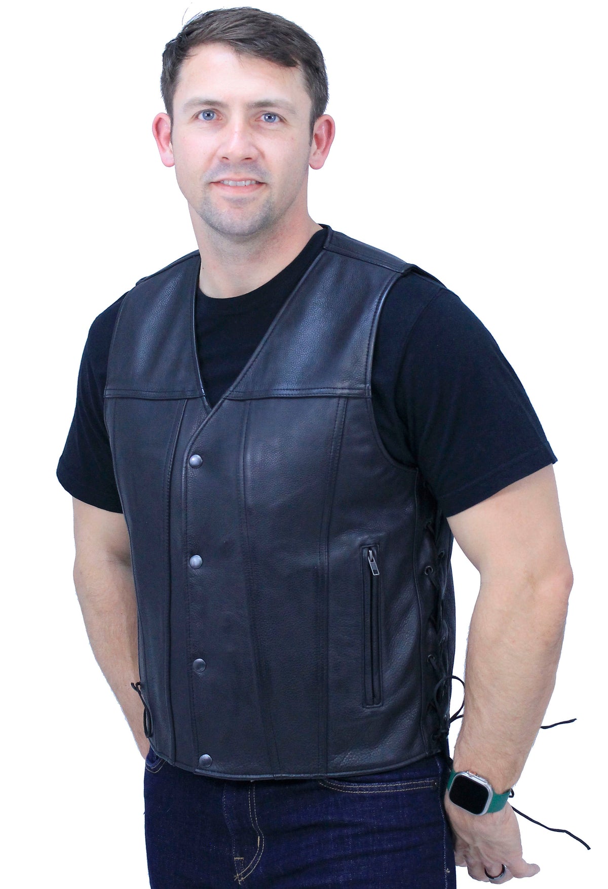Ultra Premium Men's Side Lace Leather Vest w/Easy Access Pocket #VM6190GZK