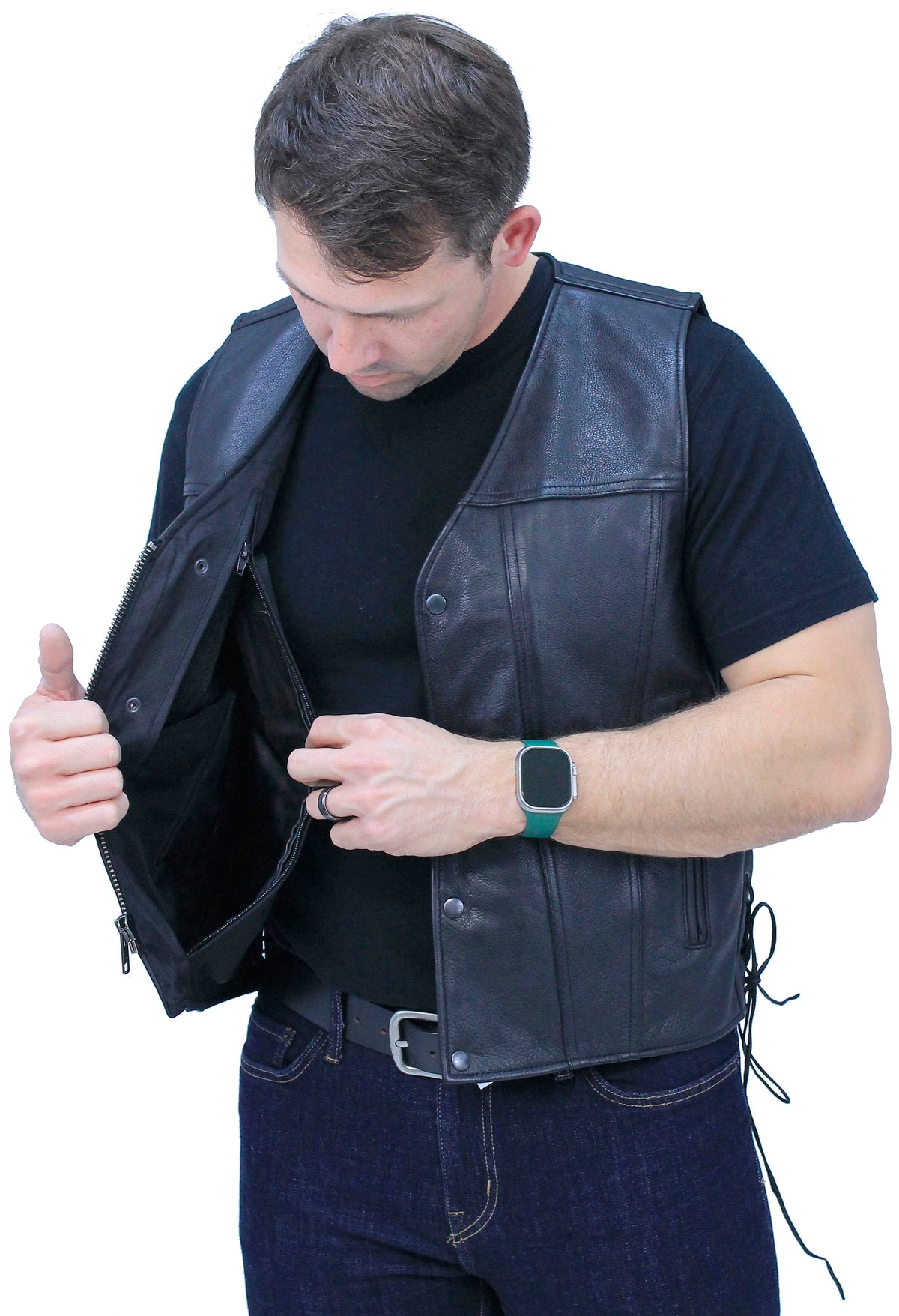 Ultra Premium Men's Side Lace Leather Vest w/Easy Access Pocket #VM6190GZK