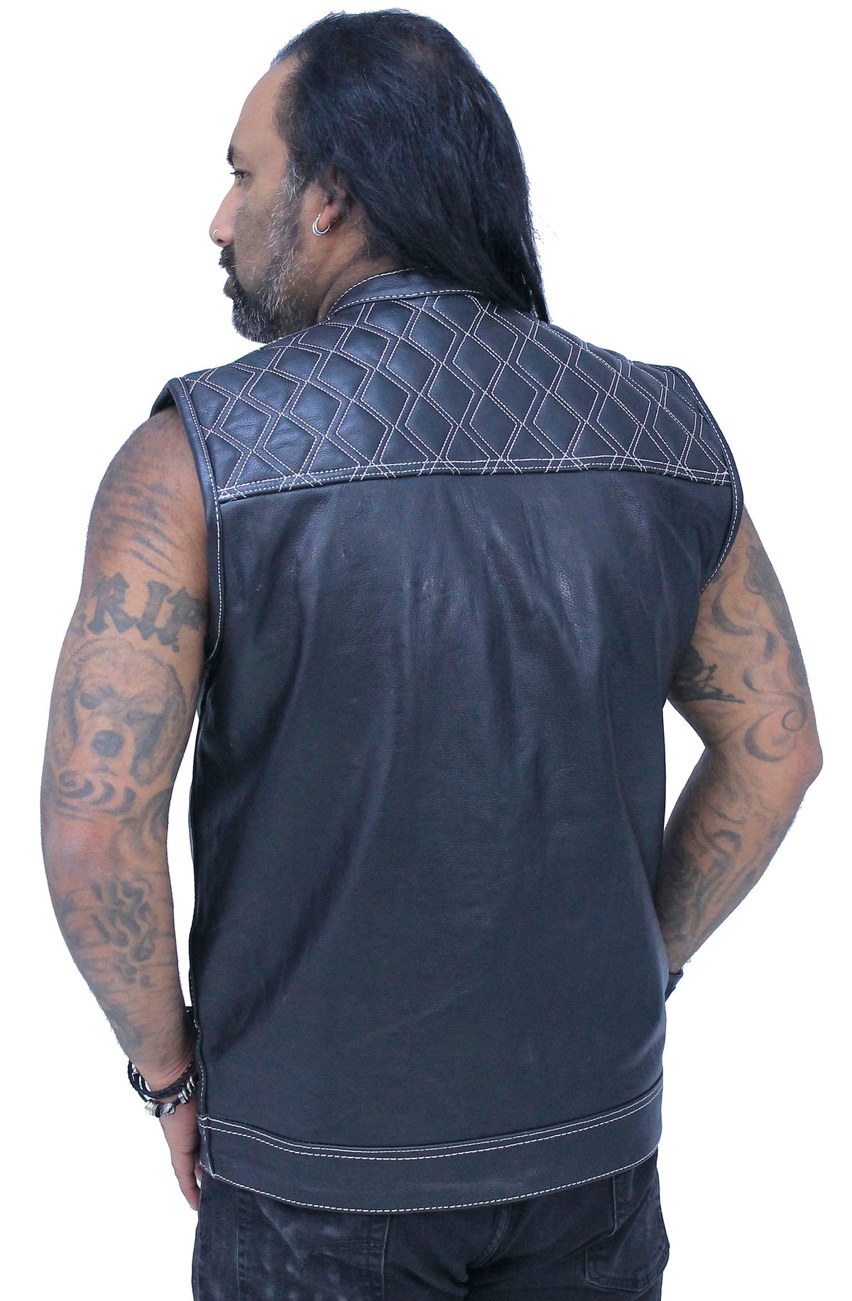Easy Access Leather Club Vest with White Stitch Quilting #VM6408QW