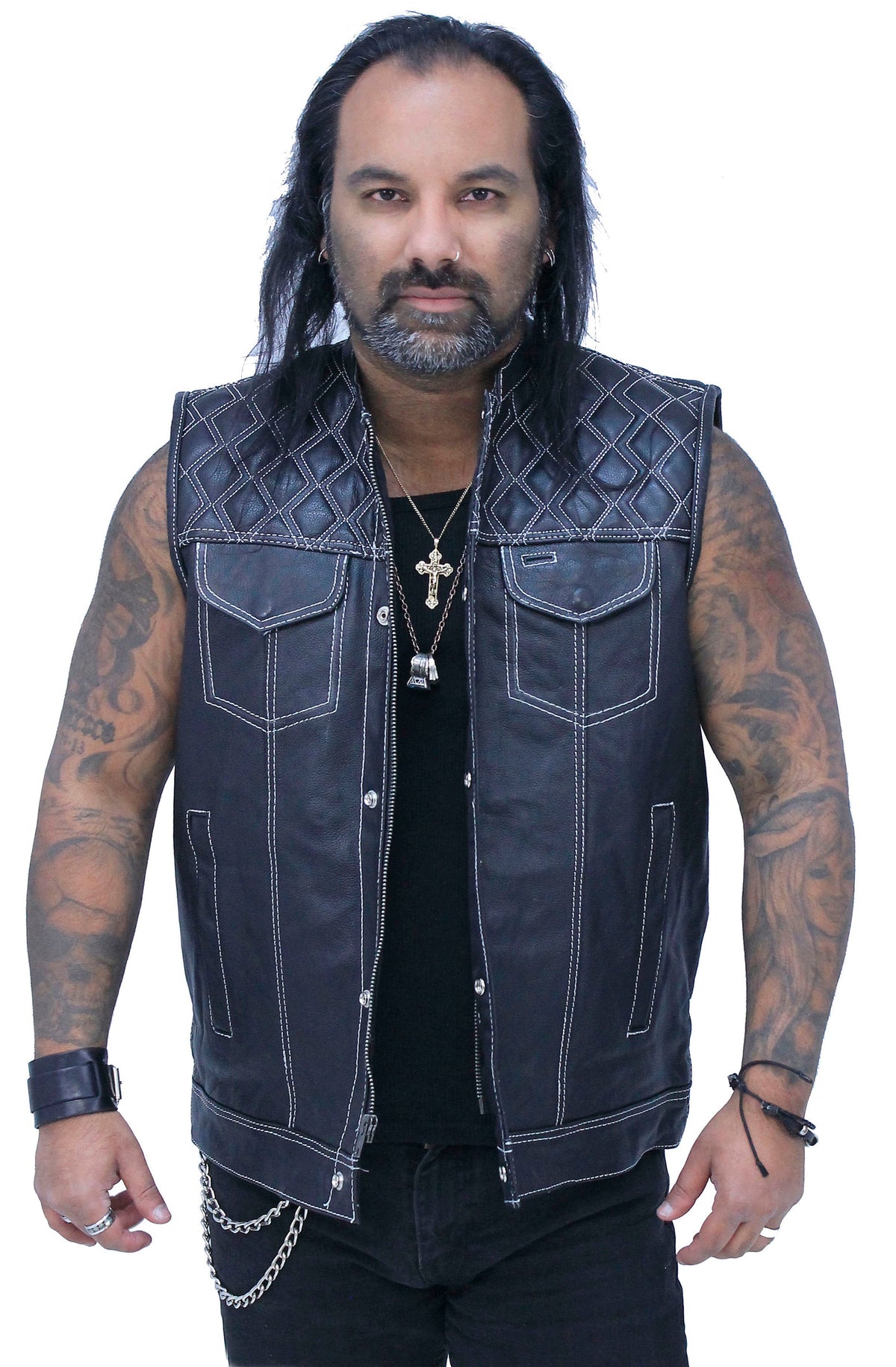 Easy Access Leather Club Vest with White Stitch Quilting #VM6408QW