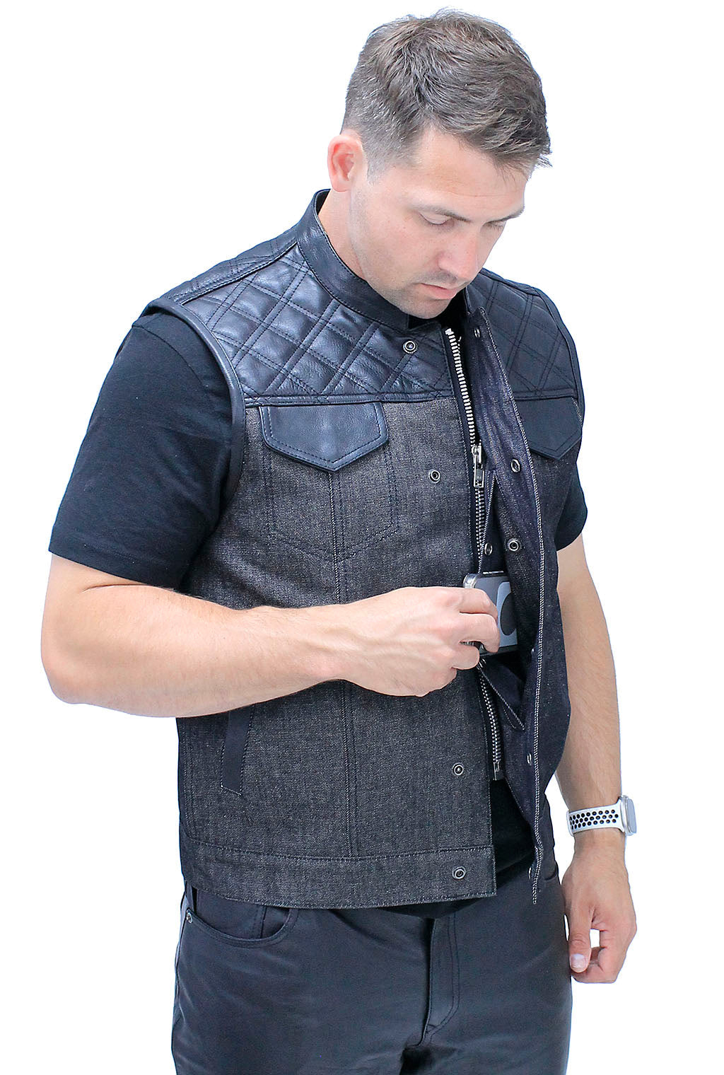 Black Denim Leather Quilt Concealed Pockets Club Vest #VM6676DGQK