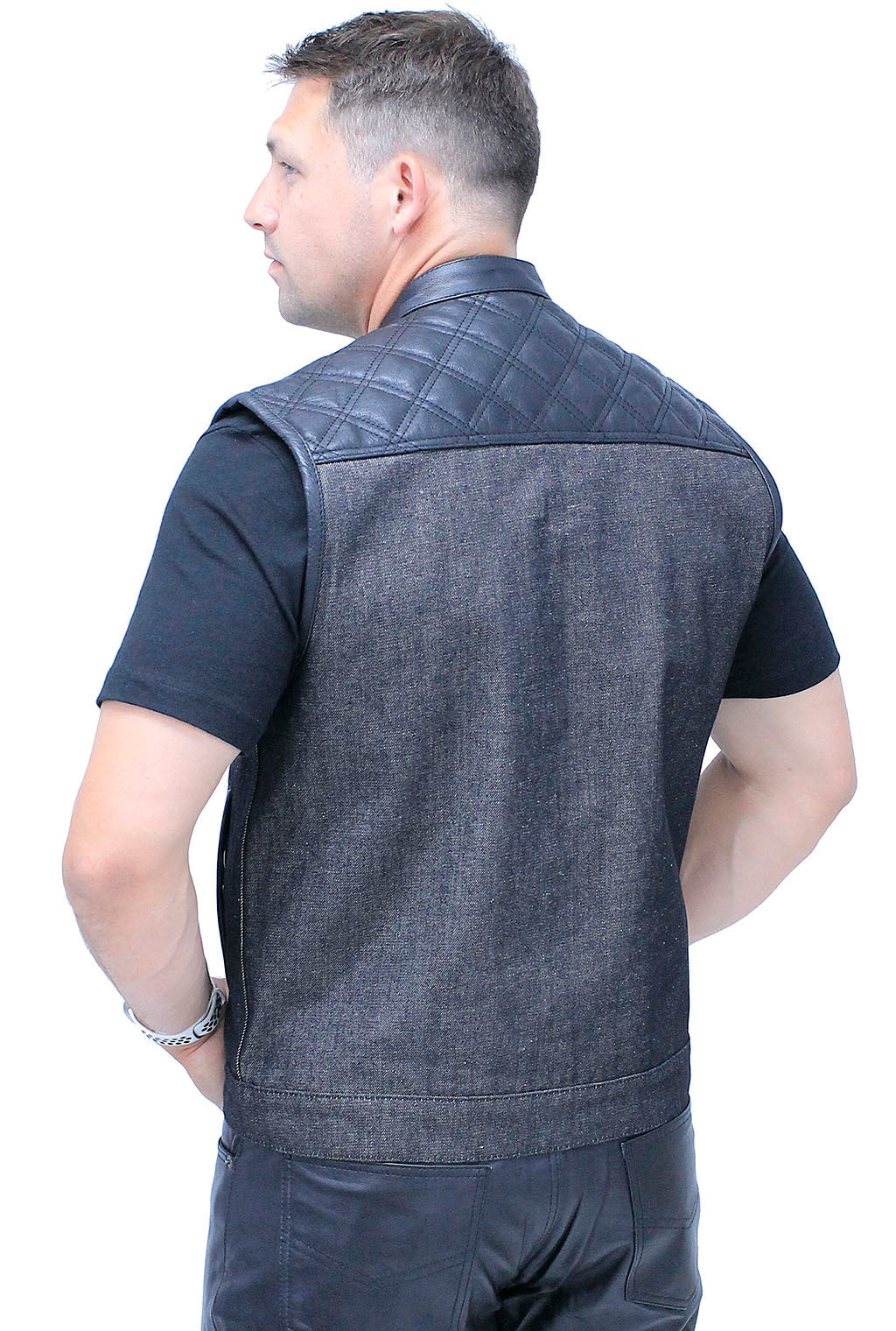 Black Denim Leather Quilt Concealed Pockets Club Vest #VM6676DGQK