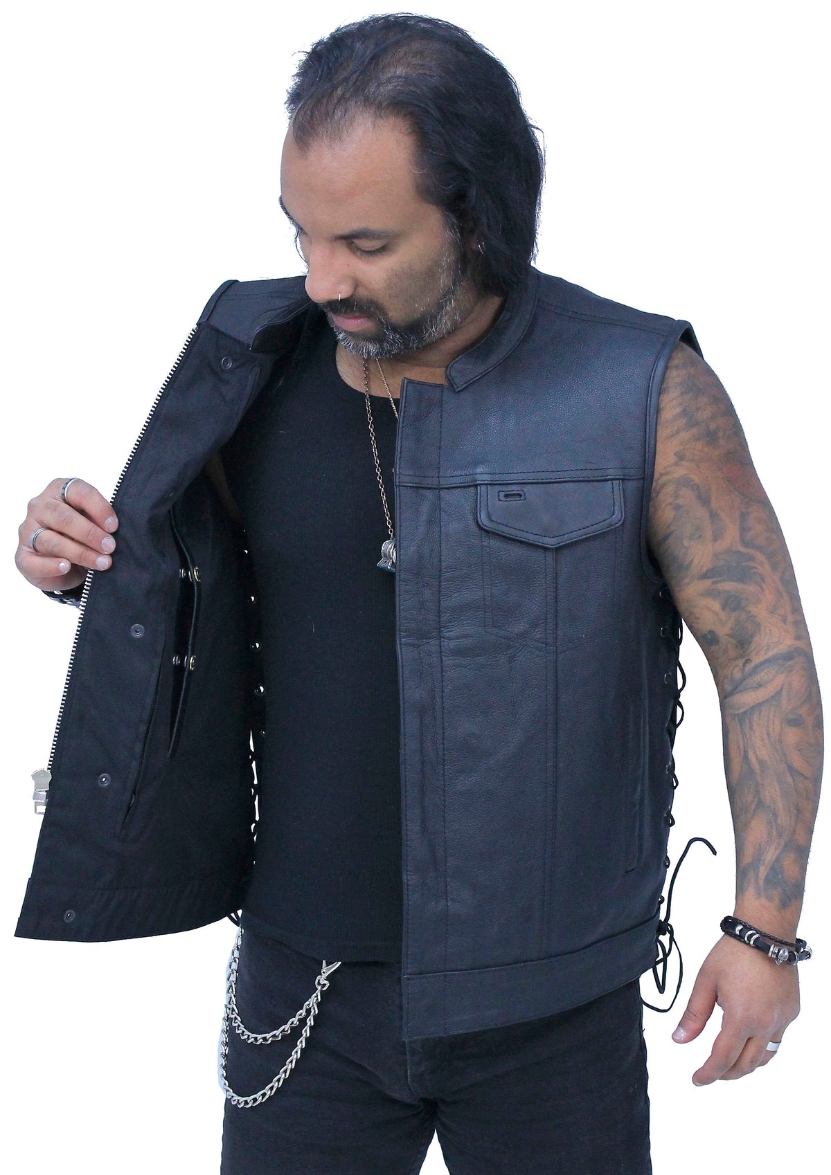 Men's Side Lace Buffalo Leather Club Vest w/1 Piece Back #VM685BSF