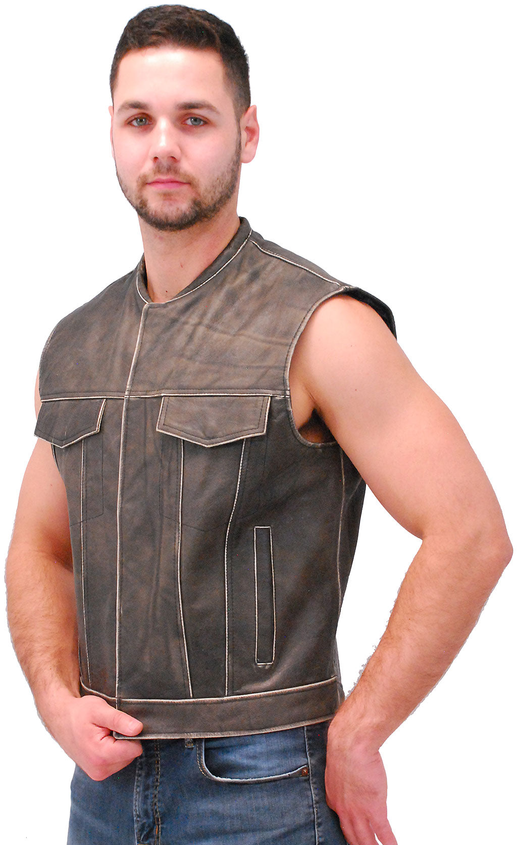 Vintage Brown Leather Club Vest w/Dual Concealed Pockets #VMA1015DN (M, 3X-5X)