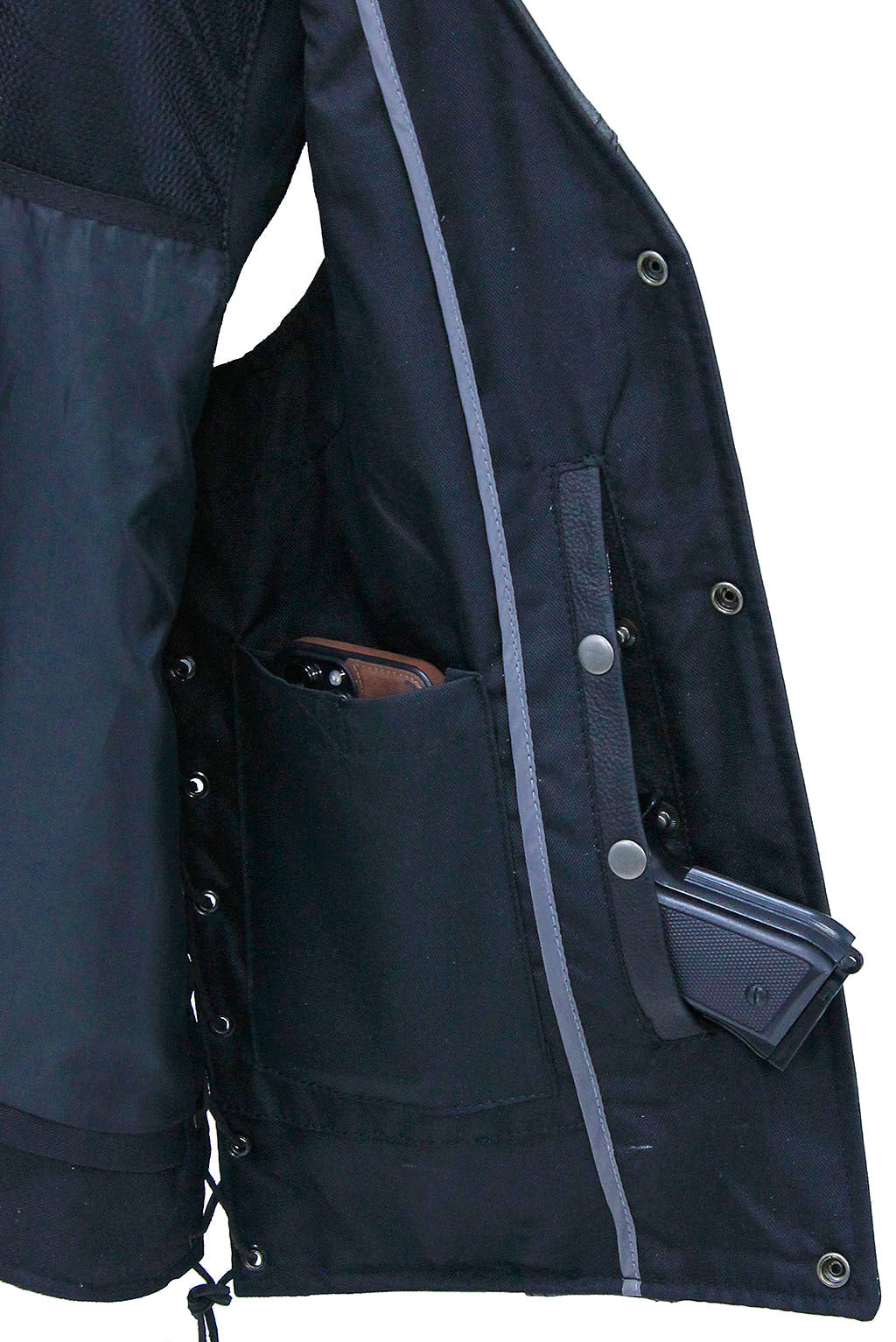 Vintage Black Side Lace Concealed Pocket Straight Bottom Vest #VMA2611GK
