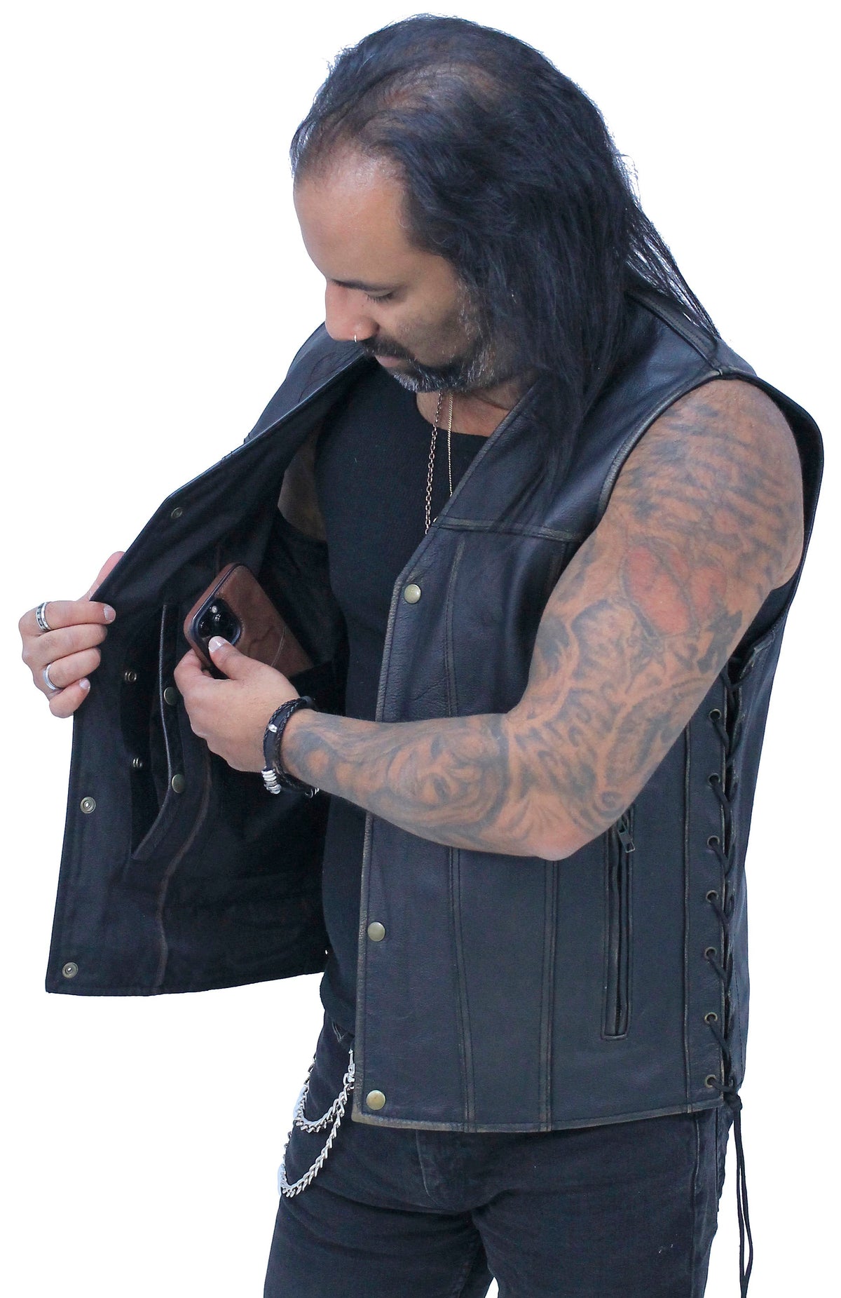 Vintage Brown Side Lace Concealed Pocket Straight Bottom Vest #VMA2612GN ()