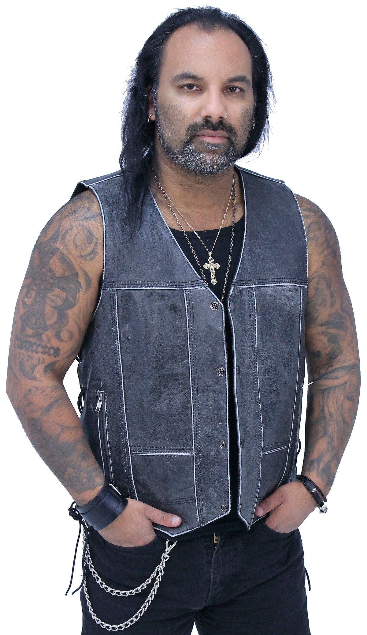 Vintage Gray Leather Side Lace 10 Pocket Vest #VMA964GLGY